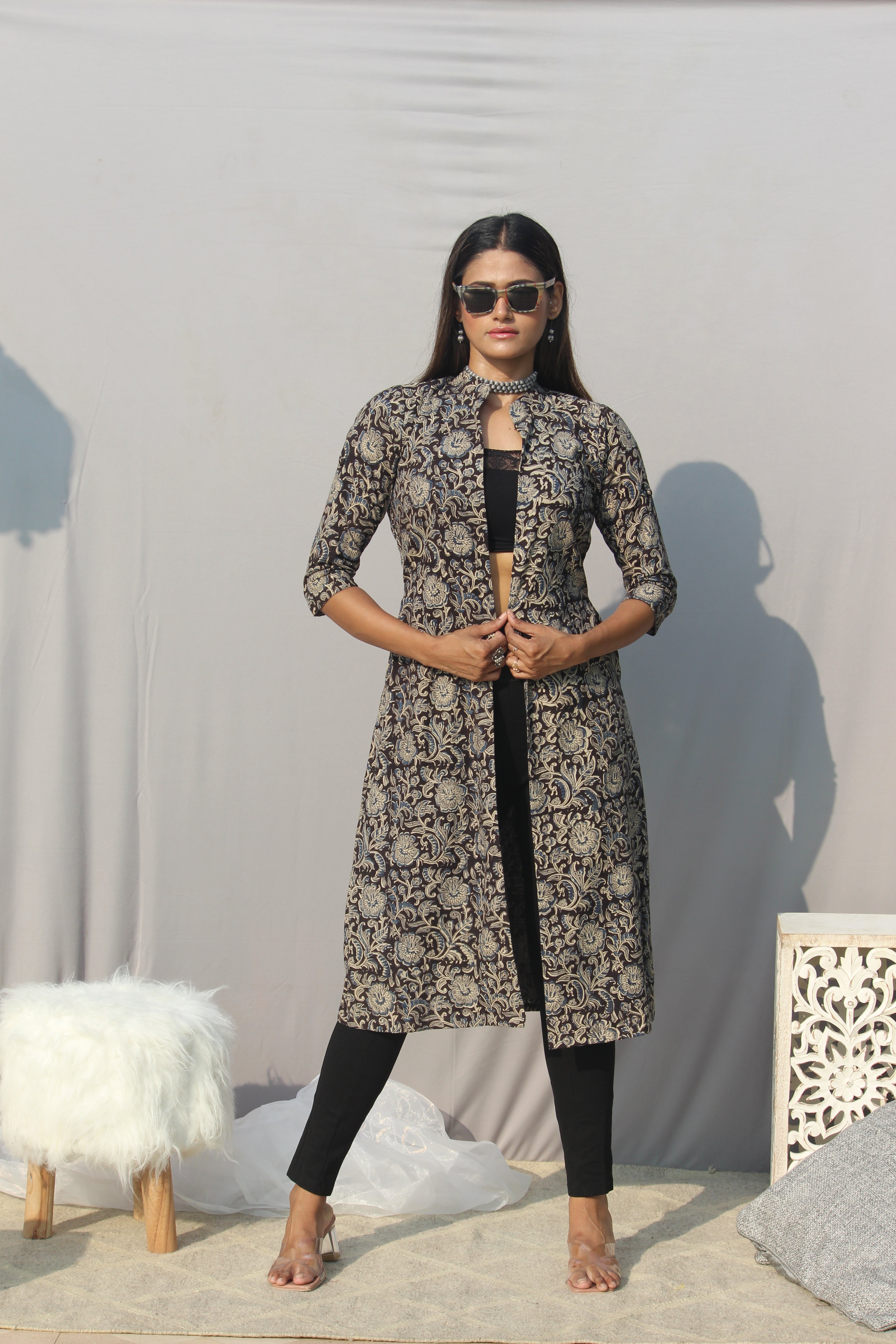 Designer frock style Kurti with Jacket in Kalamkari Print | Party Wear